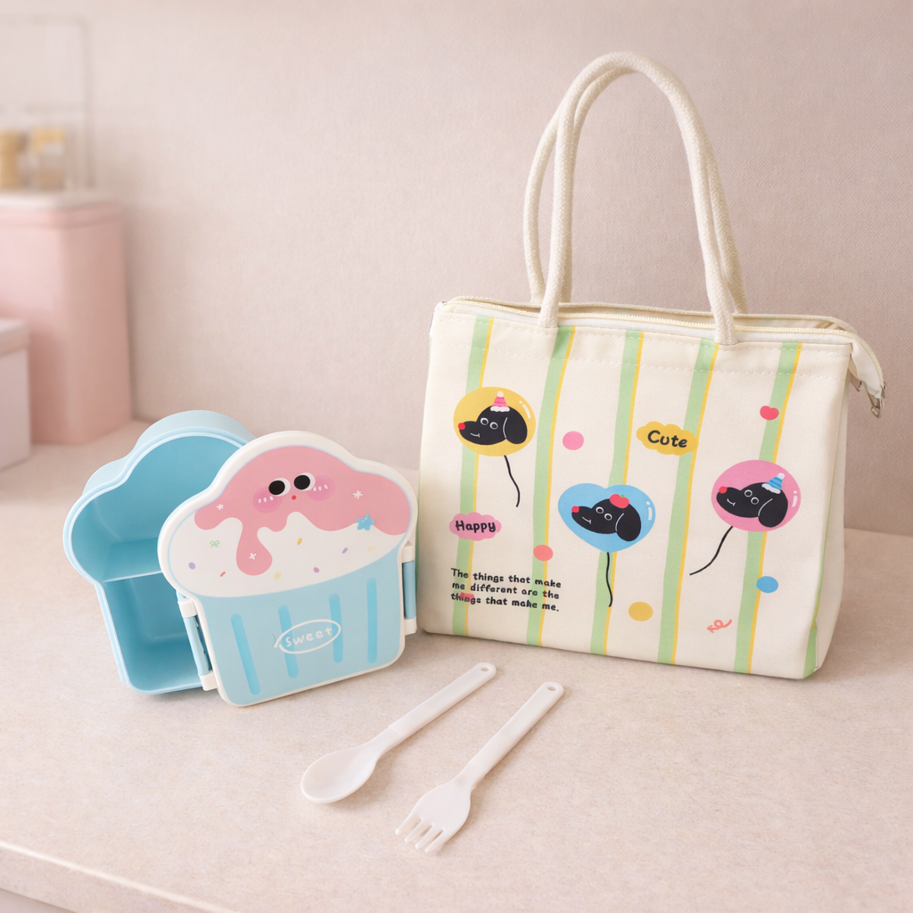 Pastel blue lunch box set with insulated bag, spoon and fork, cute cloud design