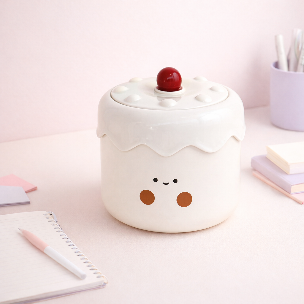 Cute cake-shaped desk storage bin with smiling face and cherry lid, kawaii desktop organizer for small items or waste.