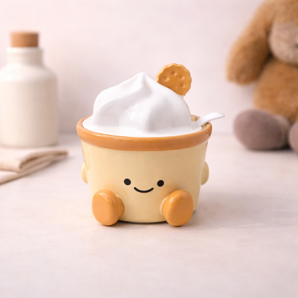 Smiling honey dessert–shaped ceramic jar with lid, cute kawaii storage container for spices, sugar, or small kitchen items.
