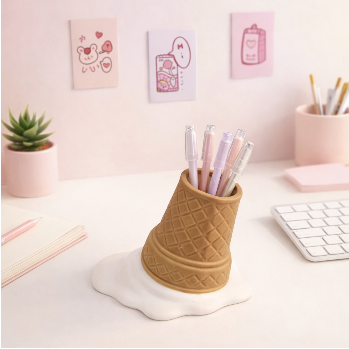 Ice cream cone pen holder with melting base, cute dessert-style desk organizer for stationery and office decor.