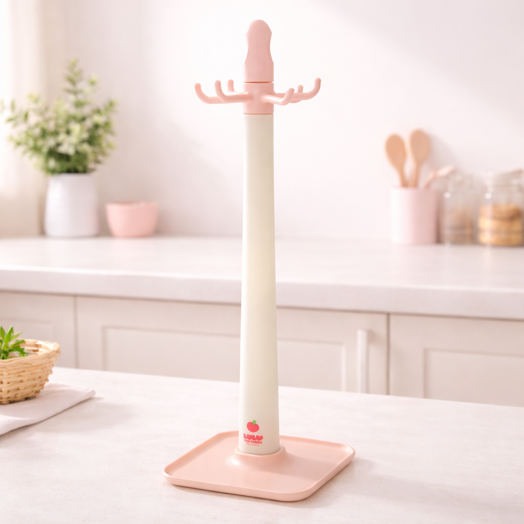 Pastel kitchen utensil holder stand with rotating hooks, countertop organizer for silicone cooking tools.