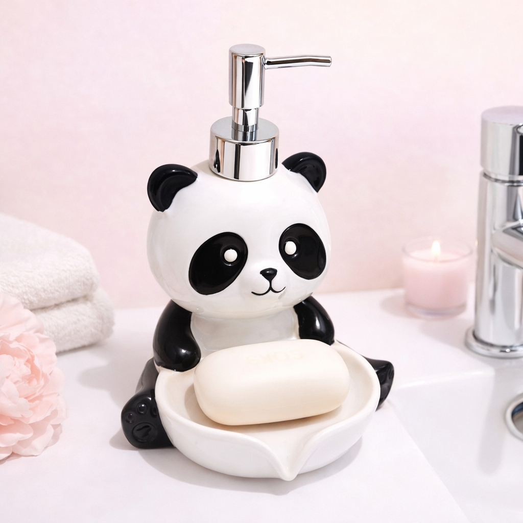 Cute panda-shaped soap dispenser with built-in soap dish, kawaii bathroom accessory for hand soap or lotion.