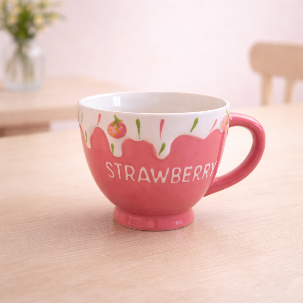 Strawberry-themed ceramic cup with red glaze, white drip detail, and “STRAWBERRY” text, featuring a rounded handle and cute dessert-inspired design.