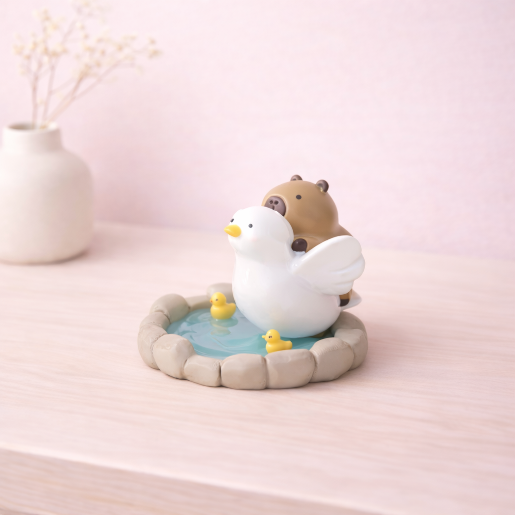 Capybara phone stand cuddling a duck in a mini bath scene, cute animal phone holder for desk or bedside decor.
