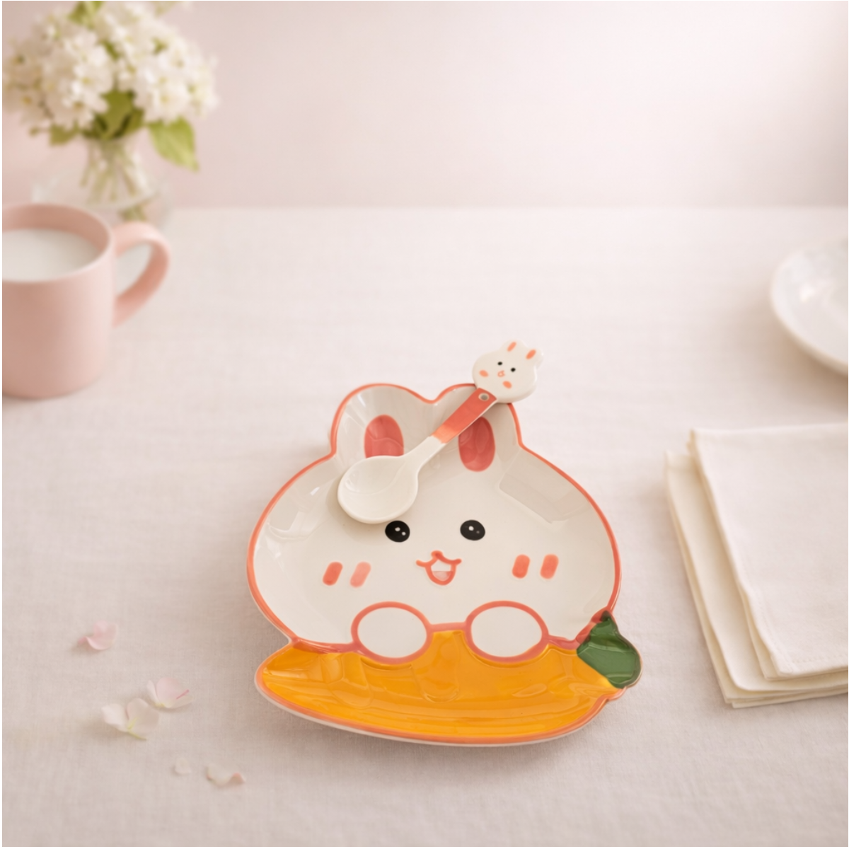 Cute ceramic rabbit plate with matching spoon, kawaii tableware for snacks, desserts, or small meals.