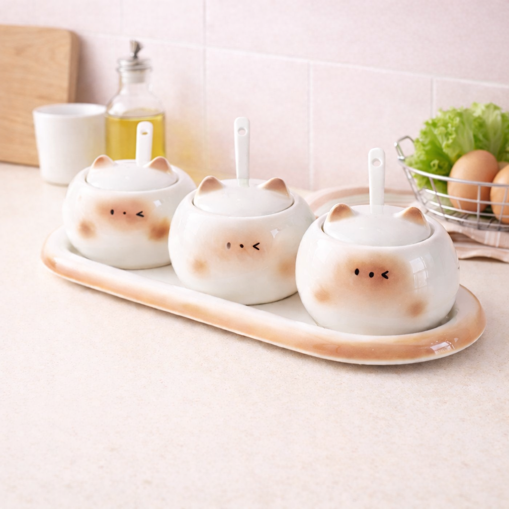 Cute Siamese cat spice jar set with matching tray and spoons, kawaii ceramic seasoning containers for kitchen decor.