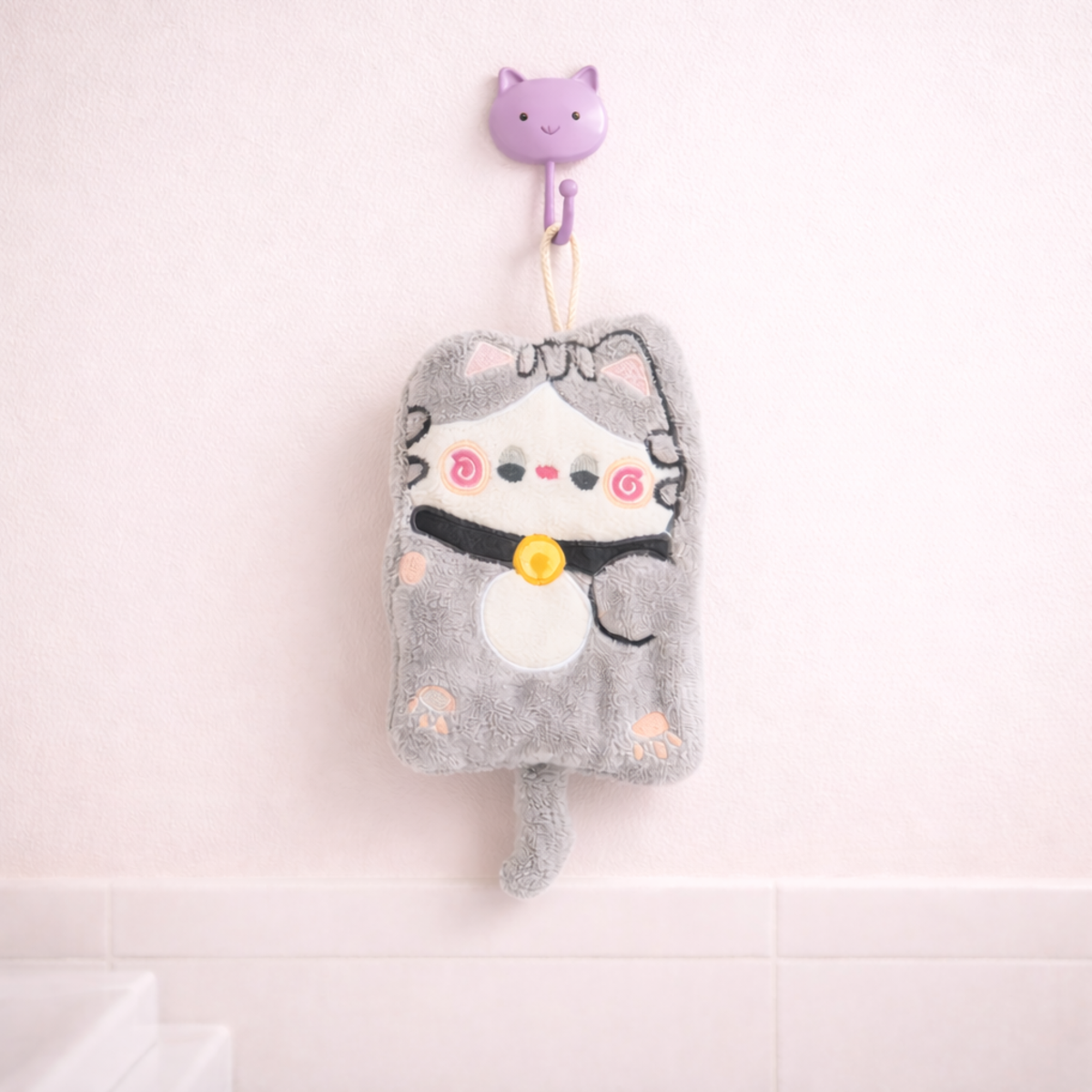 Cute hanging cat hand towel with silver bell collar design and plush fabric, kawaii bathroom or kitchen towel with cat hook.