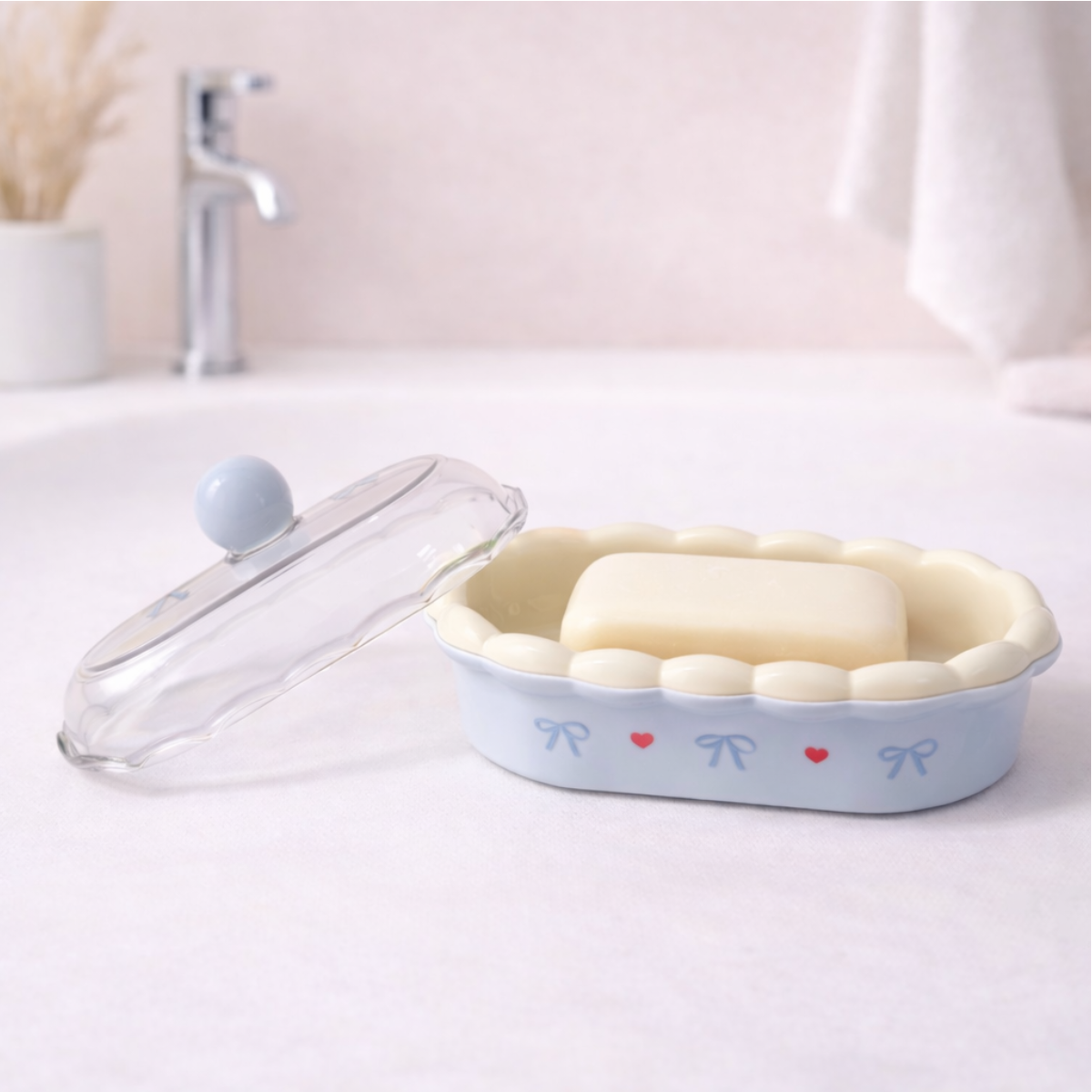 Pastel blue plastic soap holder with clear lid, cute bathroom soap dish for keeping soap dry.