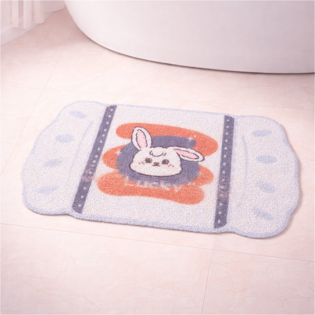 Cute bunny-themed bath mat with soft fabric and non-slip backing, playful bathroom rug for sink or tub area.