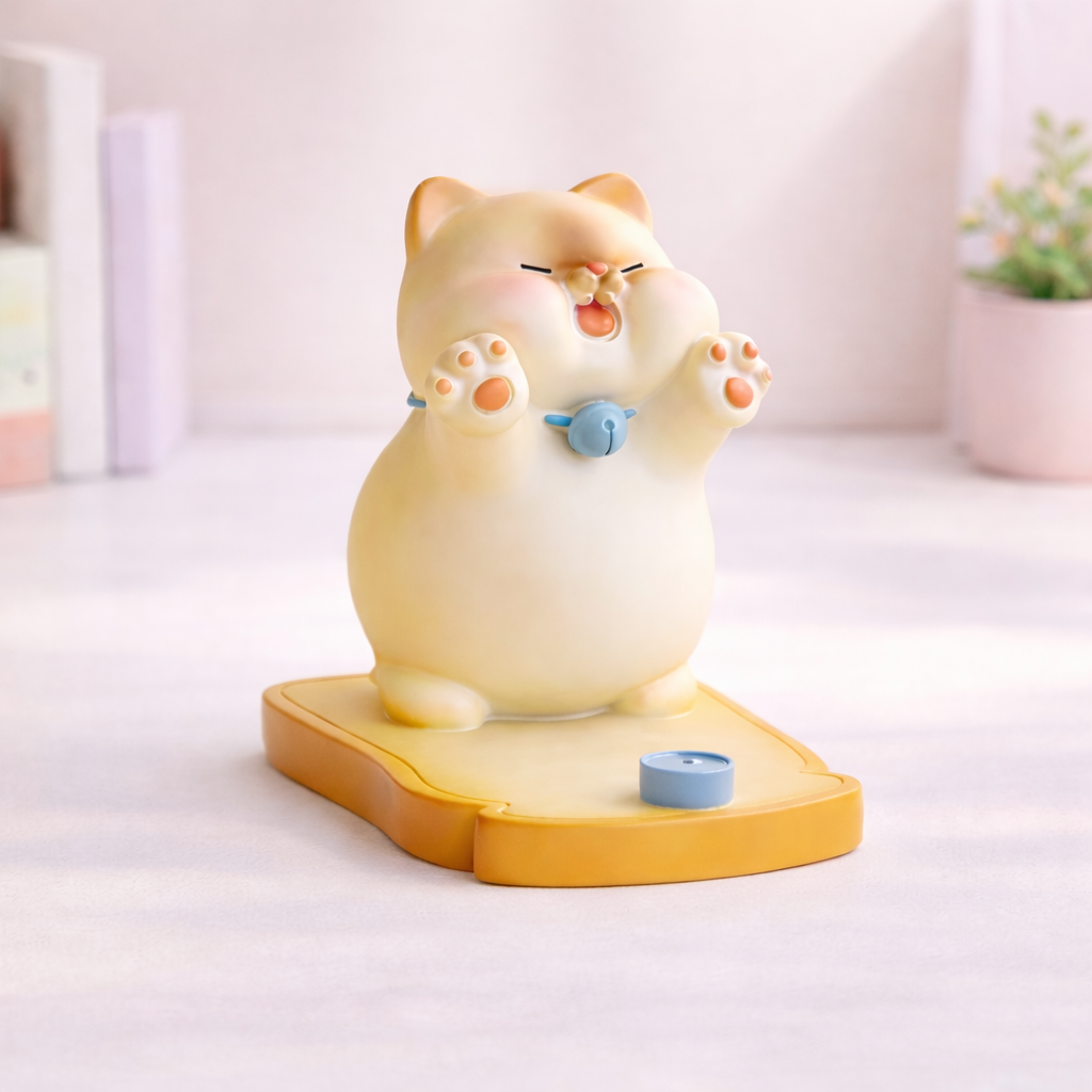 Chubby smiling cat phone stand with raised paws and blue bell collar, cute animal phone holder for desk or bedside.