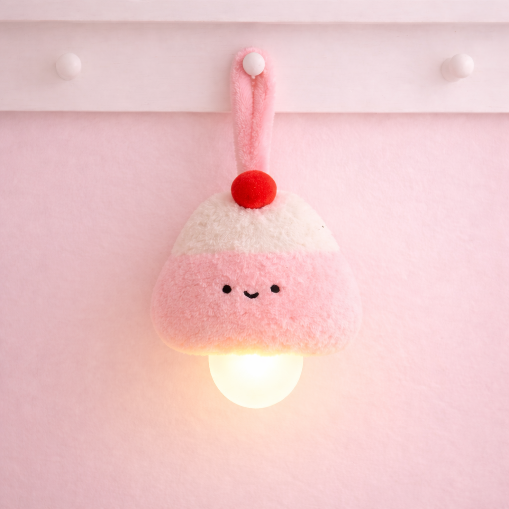 Cute pink pudding plush hanging lamp with smiling face, soft kawaii night lights for bedroom or nursery decor.