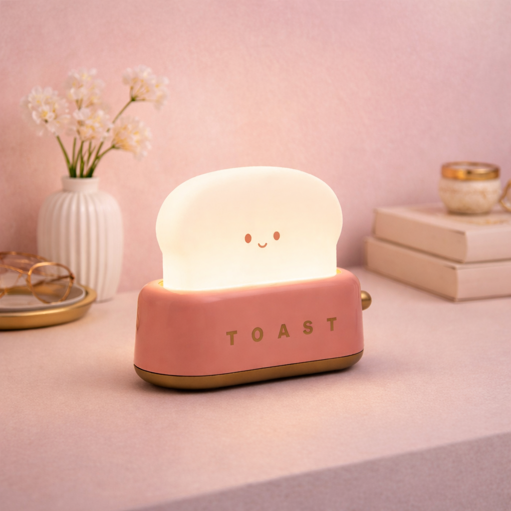 Red toaster-shaped desk lamp with smiling face, cute pastel LED night light for desk or bedside decor.