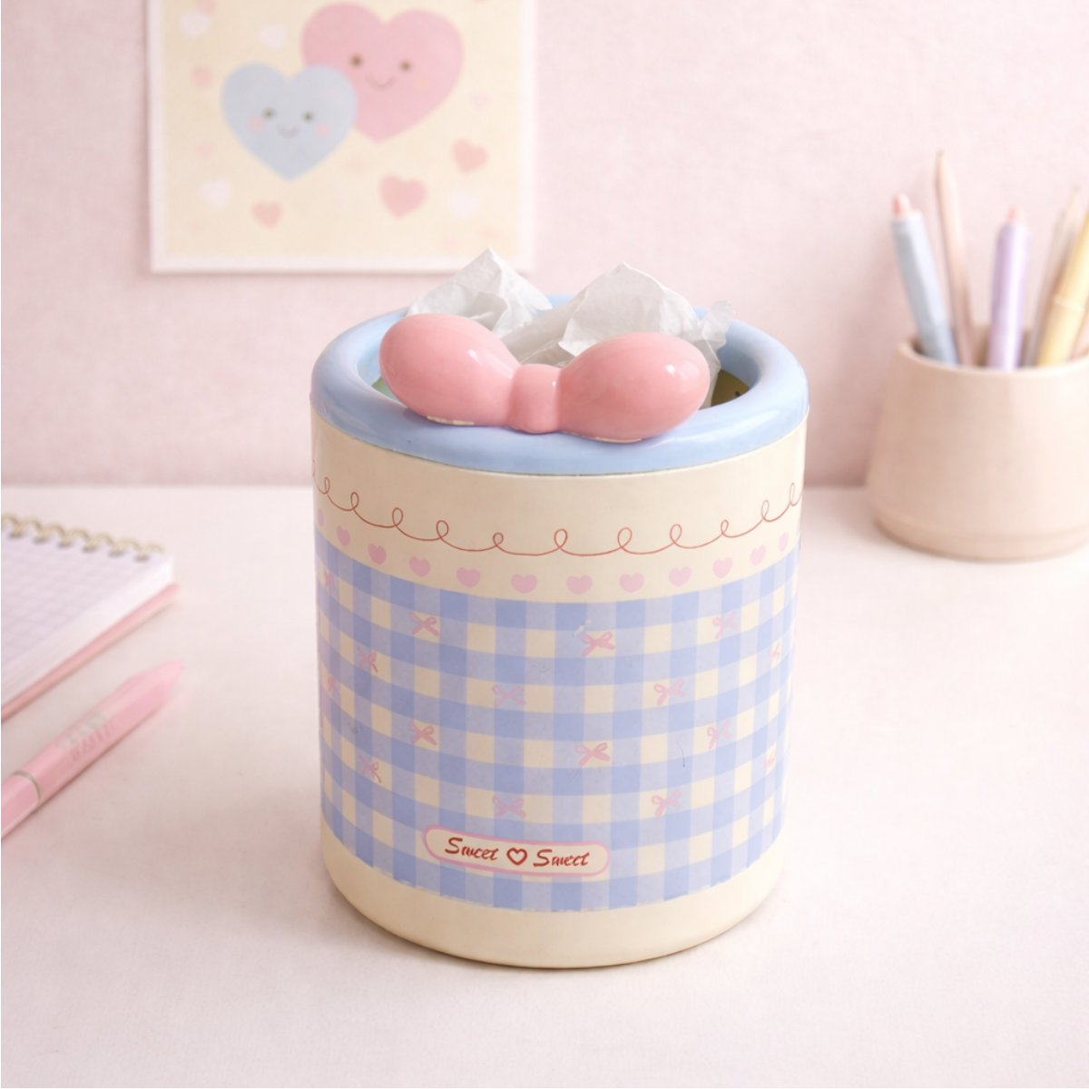 Blue pastel plastic storage bin with cute heart lid, perfect for desk organization and stationery storage.