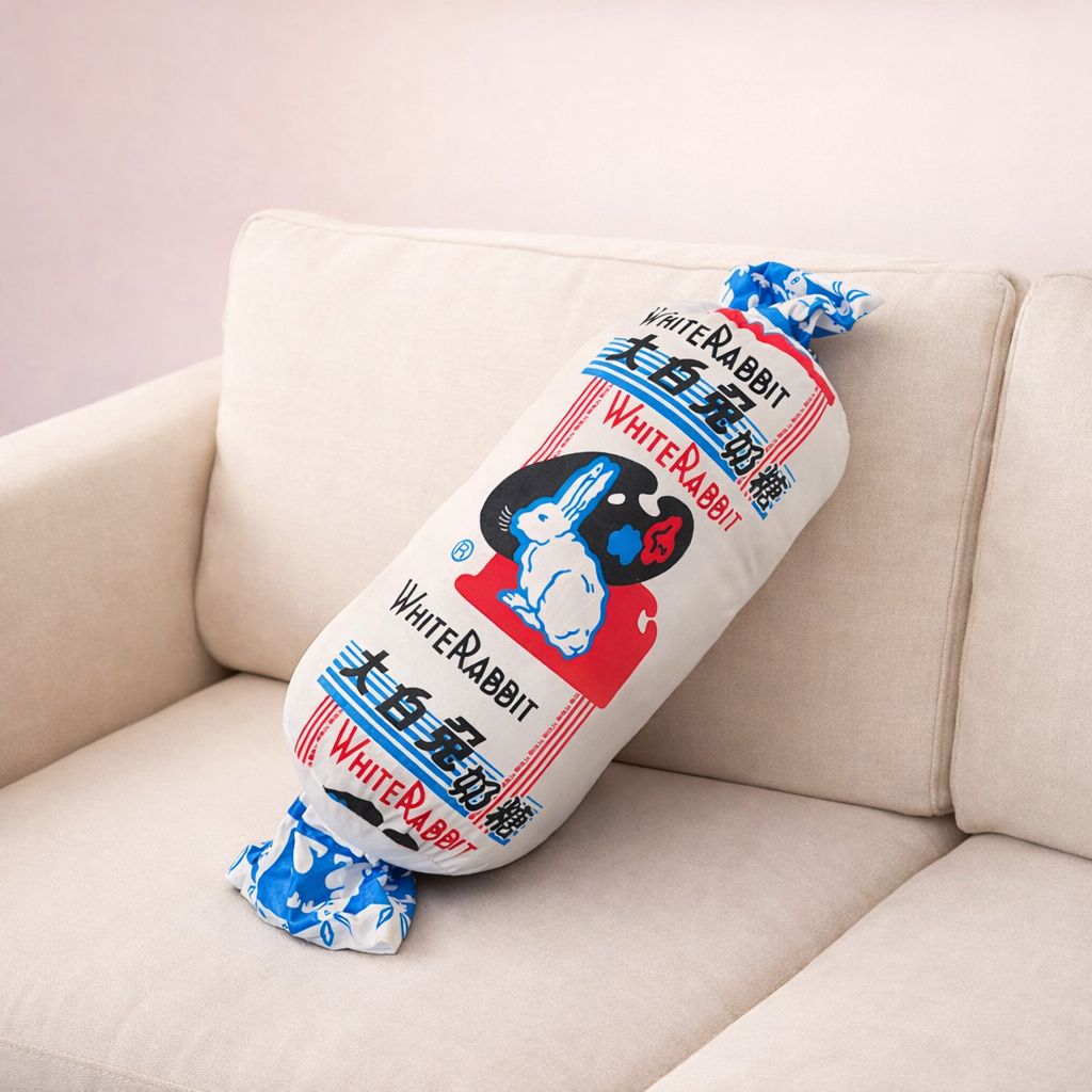 Traditional candy-shaped pillow with vintage White Rabbit print, soft decorative cushion for sofa or bed decor.