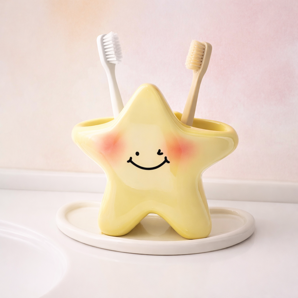 Yellow star-shaped toothbrush holder with smiling face, cute pastel bathroom organizer for kids and kawaii decor.