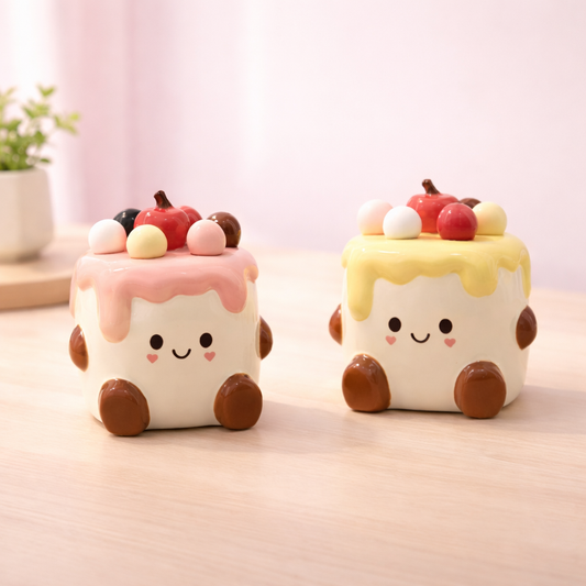 Cute ceramic fruit fork holders shaped like dessert cakes, kawaii toothpick and fruit pick containers for table decor.