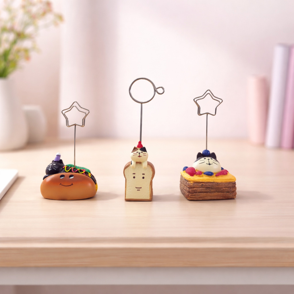 Cute animal memo holders with metal clip stands, kawaii desk card and photo holders for notes or reminders.
