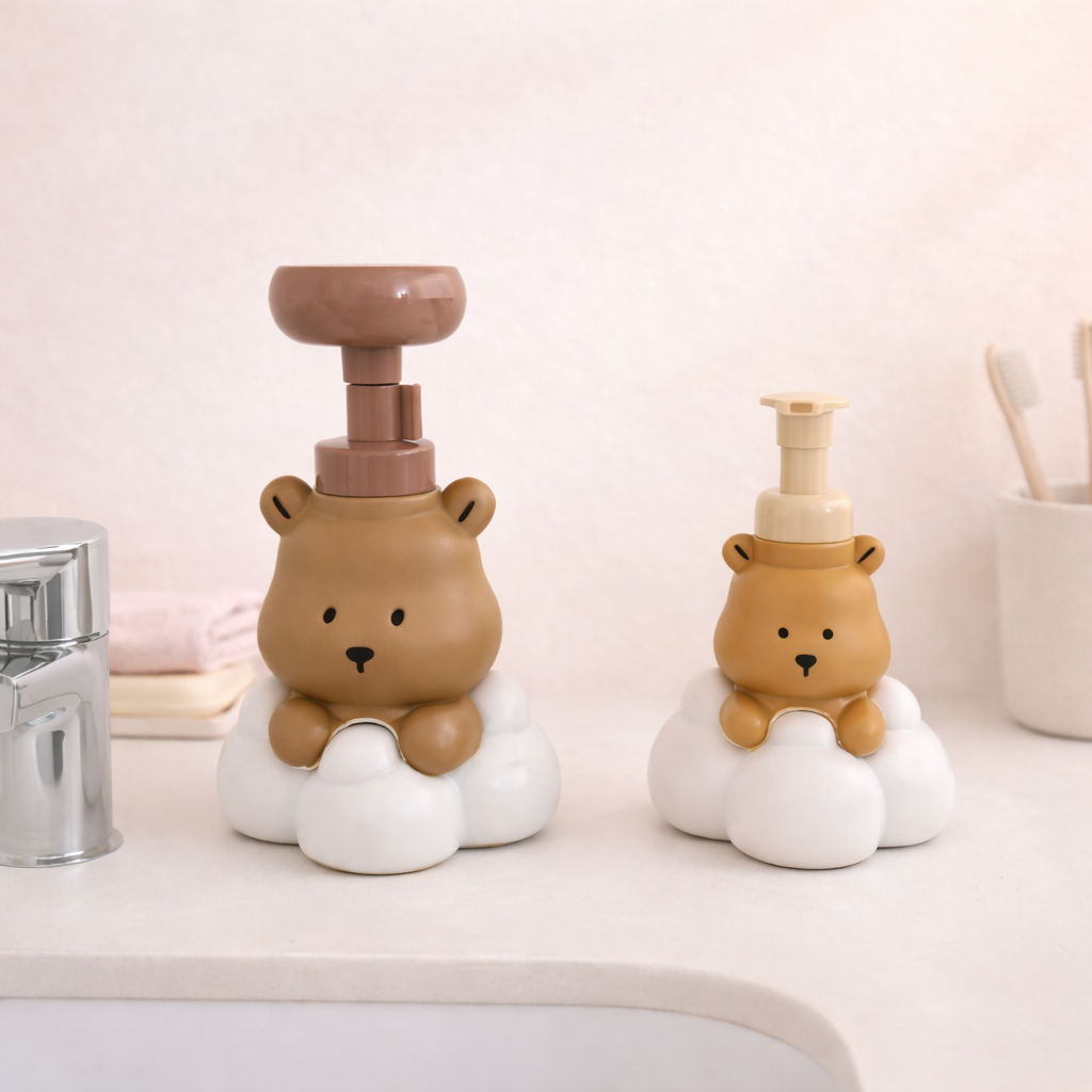 Cute bear-shaped soap and foam dispensers with cloud base, kawaii bathroom accessories for hand washing and decor.