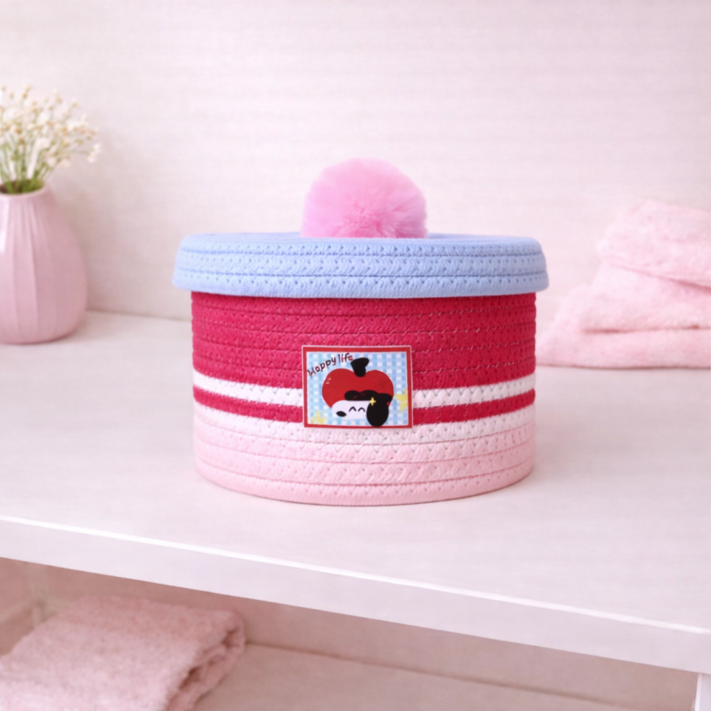 Round woven fabric storage box with pastel stripes and pom-pom lid, cute decorative organizer for shelf, desk, or nursery.