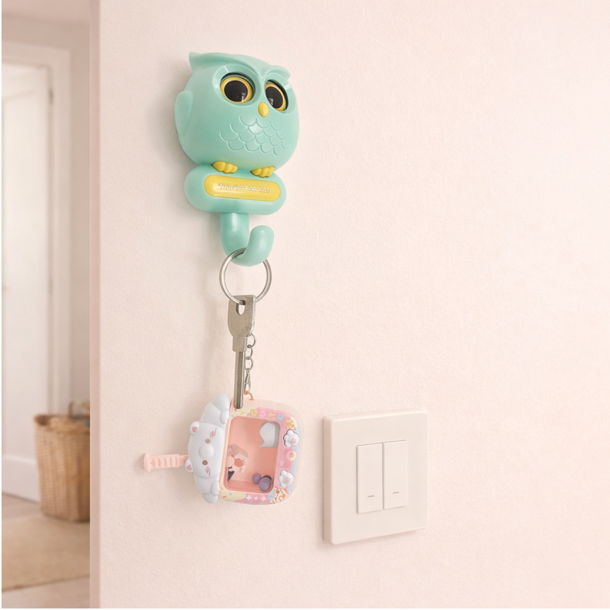 Green owl-shaped wall key hook with hanging keys, cute pastel key holder for entryway and home organization.