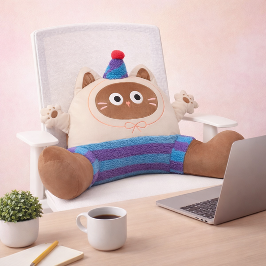 Cute cat plush pillow with colorful knit outfit and raised paws, soft kawaii backrest cushion for bed, sofa, or desk.