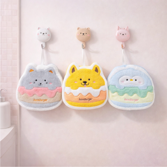 Cute burger-shaped animal hand towels with plush fabric, kawaii hanging towels for bathroom or kitchen decor.