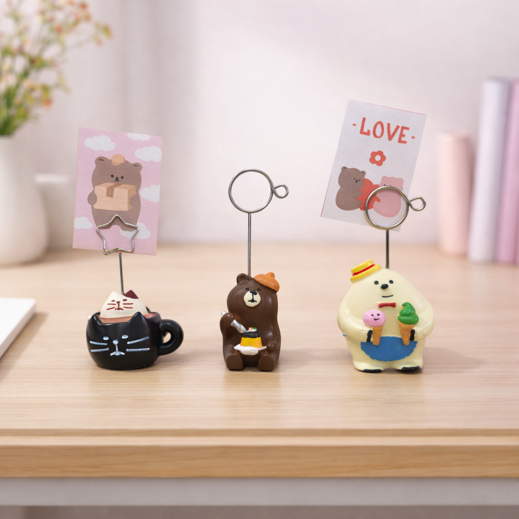 Cute animal memo holders with metal clip stands, kawaii desk card and photo holders for notes or reminders.