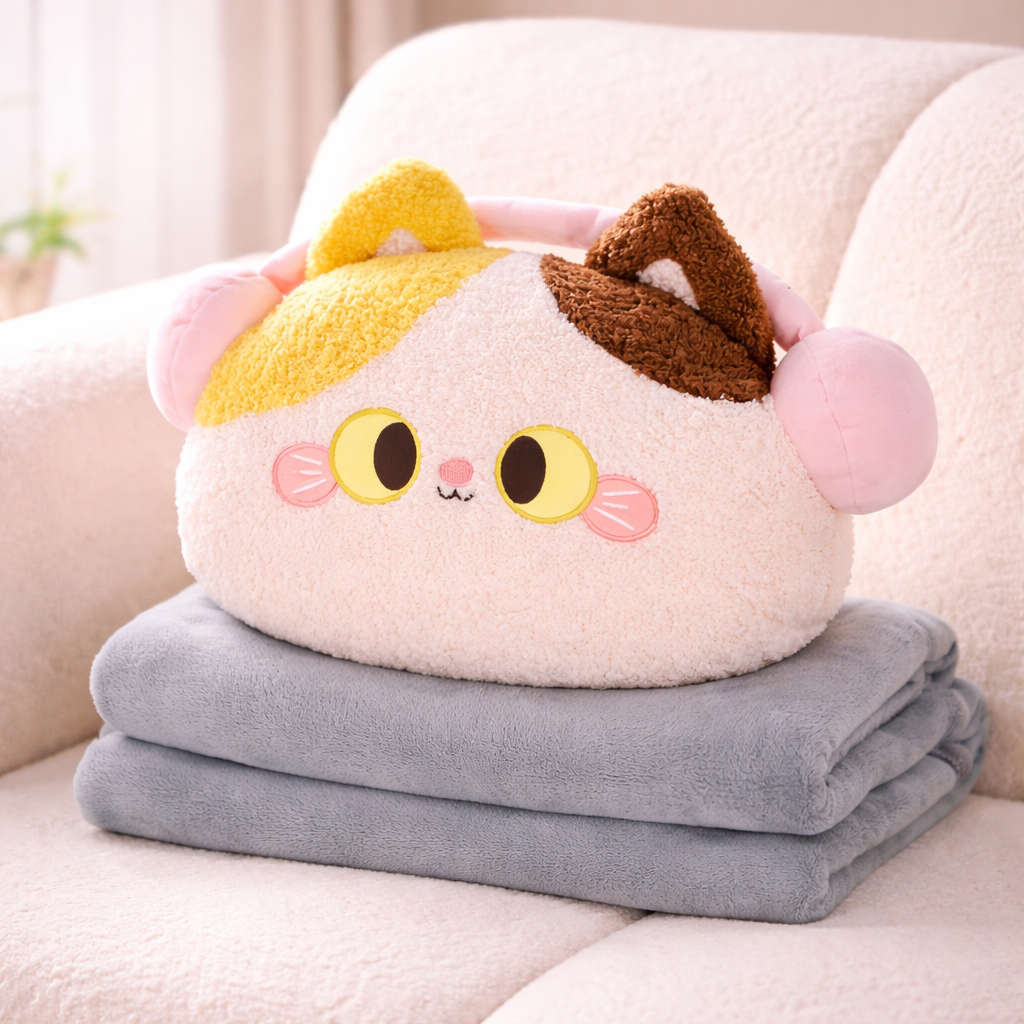 Cute plush pillow with embroidered face resting on a soft folded blanket, cozy kawaii set for home comfort and decor.