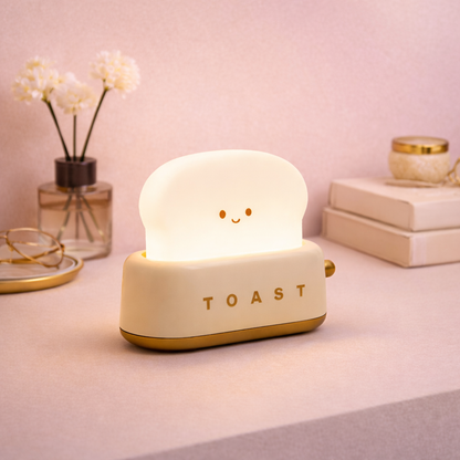 Beige toaster-shaped desk lamp with smiling face, cute pastel LED night light for desk or bedside decor.
