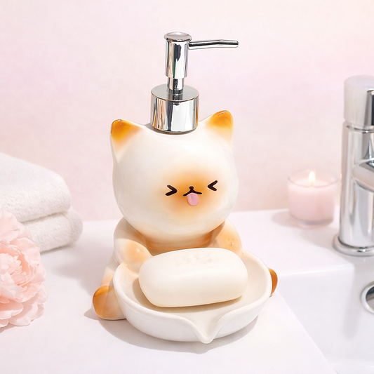 Cute cat-shaped soap dispenser with built-in dish, kawaii bathroom accessory for hand soap or lotion.