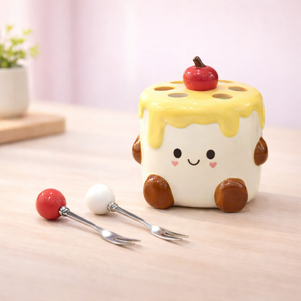 Cute ceramic yellow cake-shaped fruit fork holder with smiling face, kawaii dessert toothpick container with mini forks.