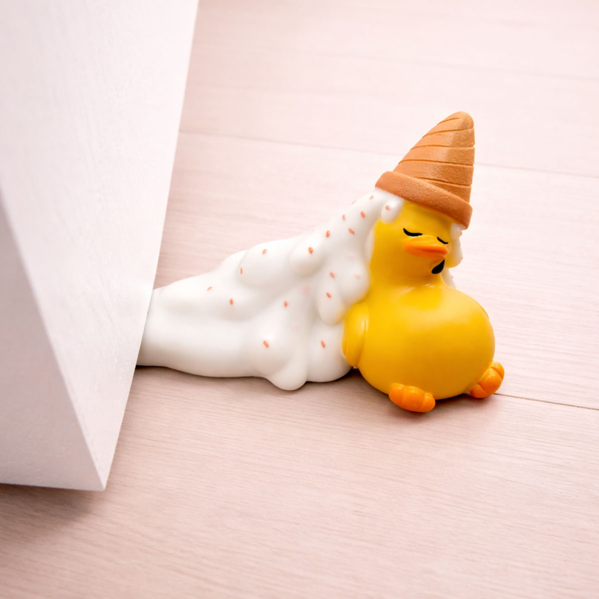 Cute duck door stopper with ice cream hat design, fun animal door wedge to keep doors open.