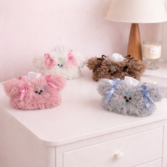 Fluffy plush tissue holders with cute bows and pastel colors, kawaii tissue box covers for desk or bedside.