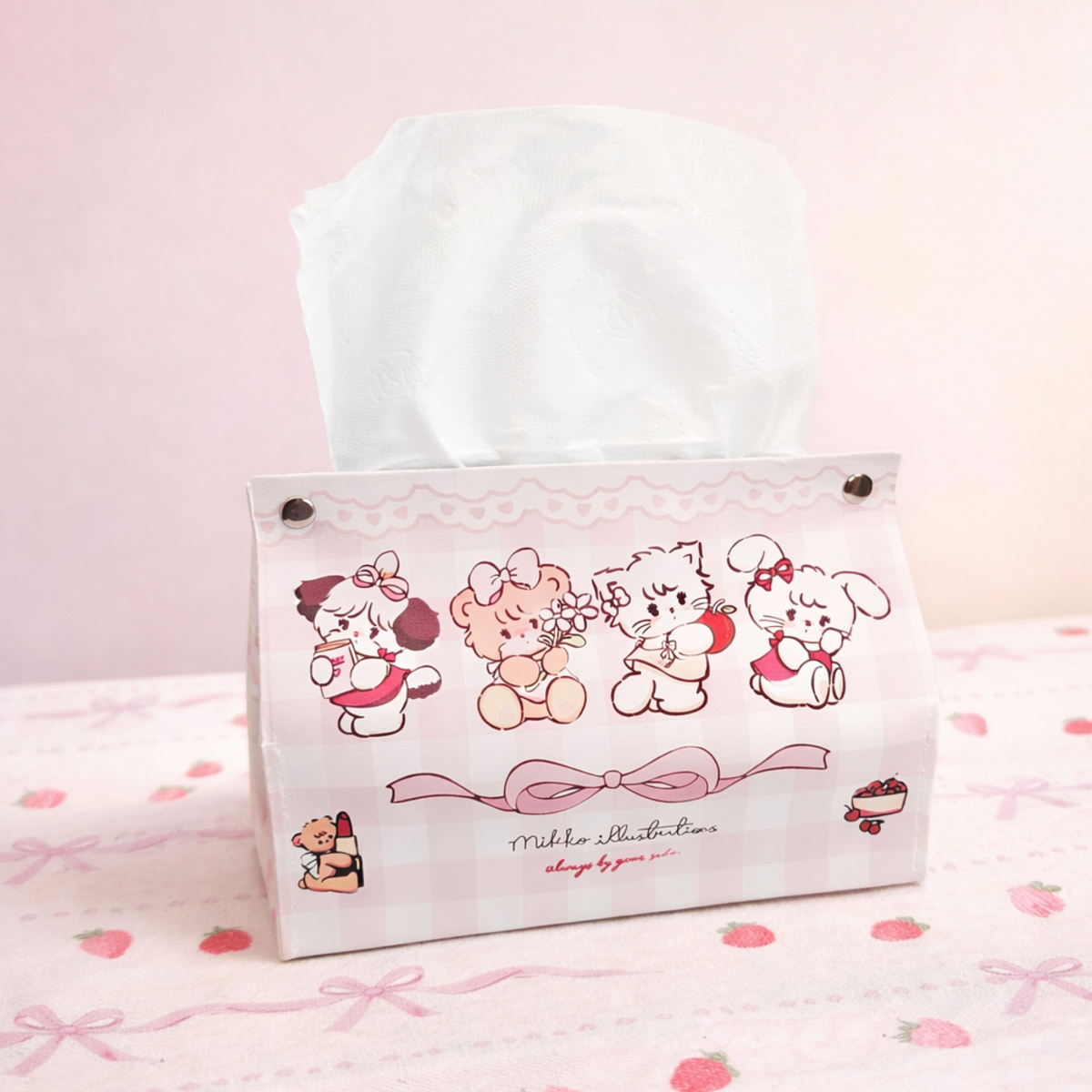 Cute pastel tissue holder with cartoon animals and bow design, decorative tissue box for bedroom or nursery decor.
