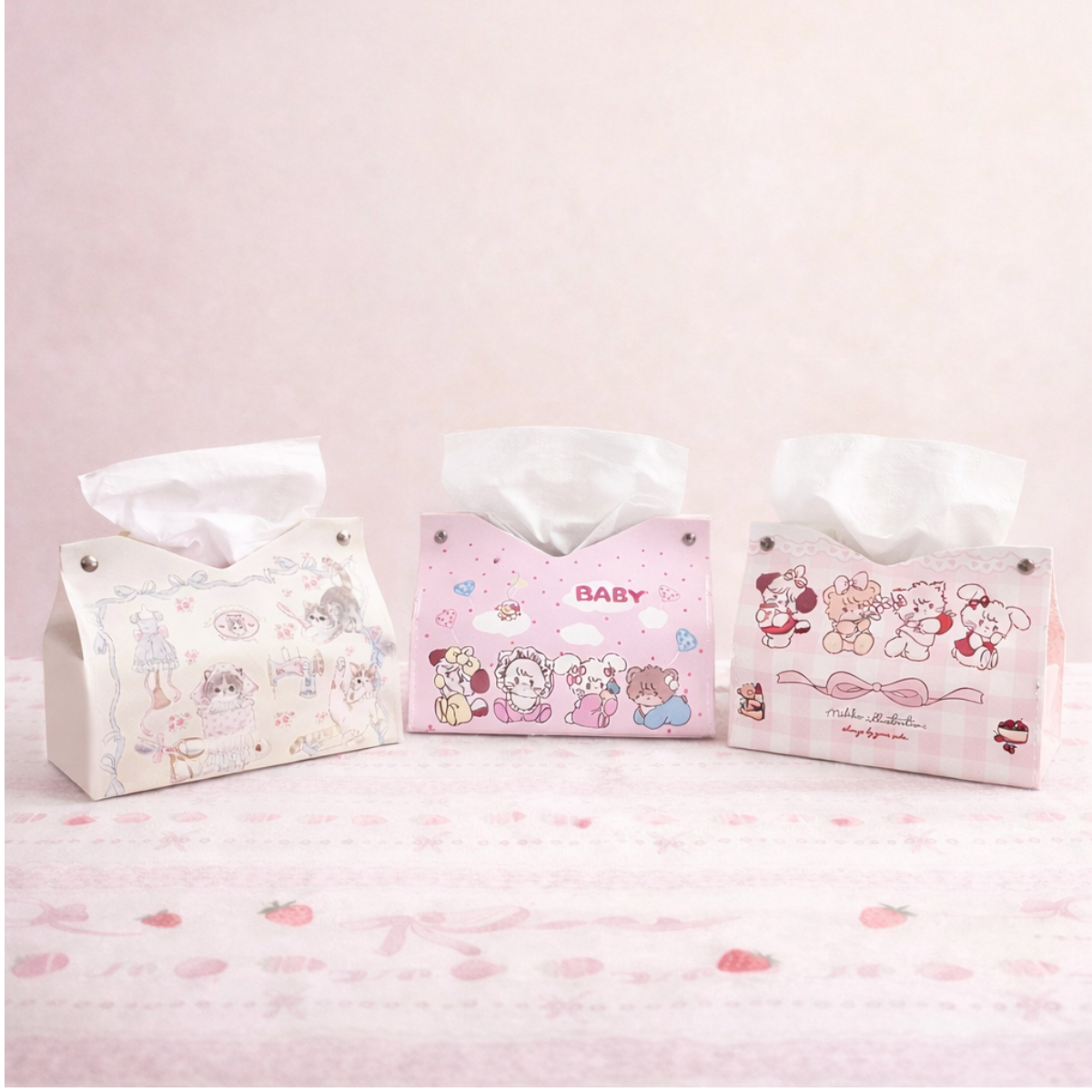 Cute pastel tissue holders with cartoon designs, decorative paper tissue boxes for bedroom and nursery decor.