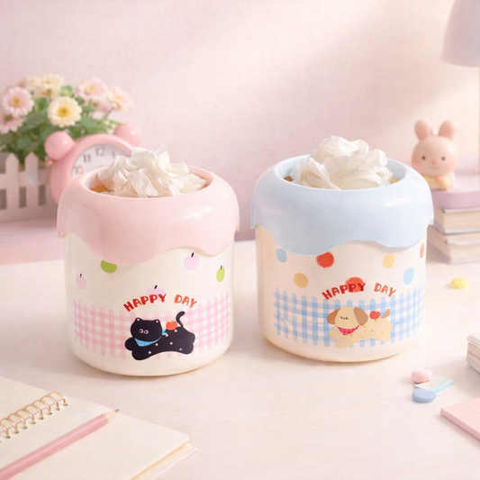 Cute desktop rubbish bins with pastel lids and animal designs, kawaii mini trash cans for desk or vanity.surface.