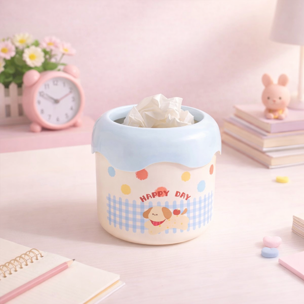 Cute pastel desk rubbish bin with happy dog design and soft blue lid, kawaii mini trash can for desk or vanity.