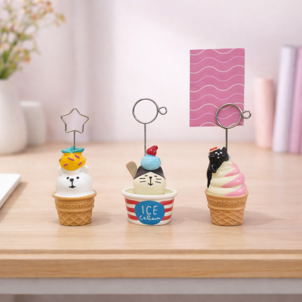 Cute animal memo holders with metal clip stands, kawaii desk card and photo holders for notes or reminders.