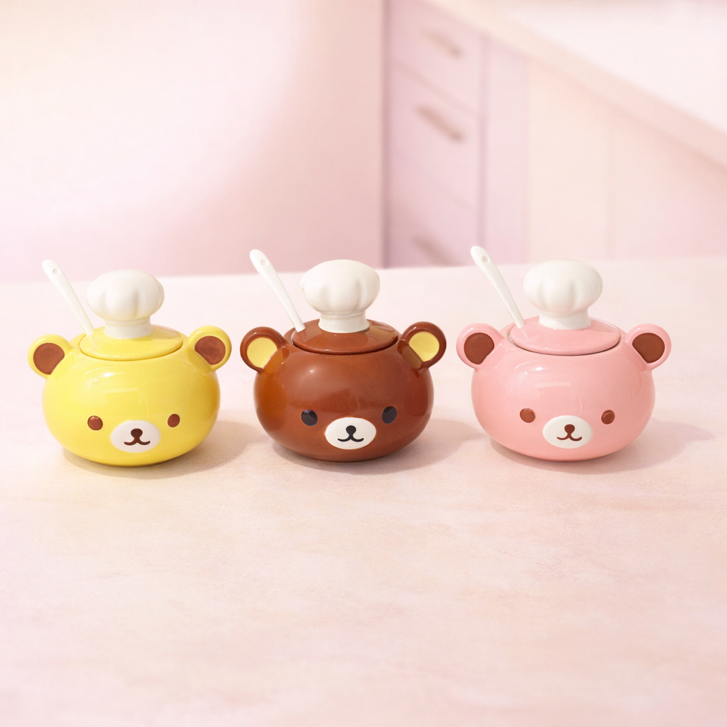 Chef bear spice jar set with lids and spoons, cute ceramic seasoning containers for kitchen or countertop.