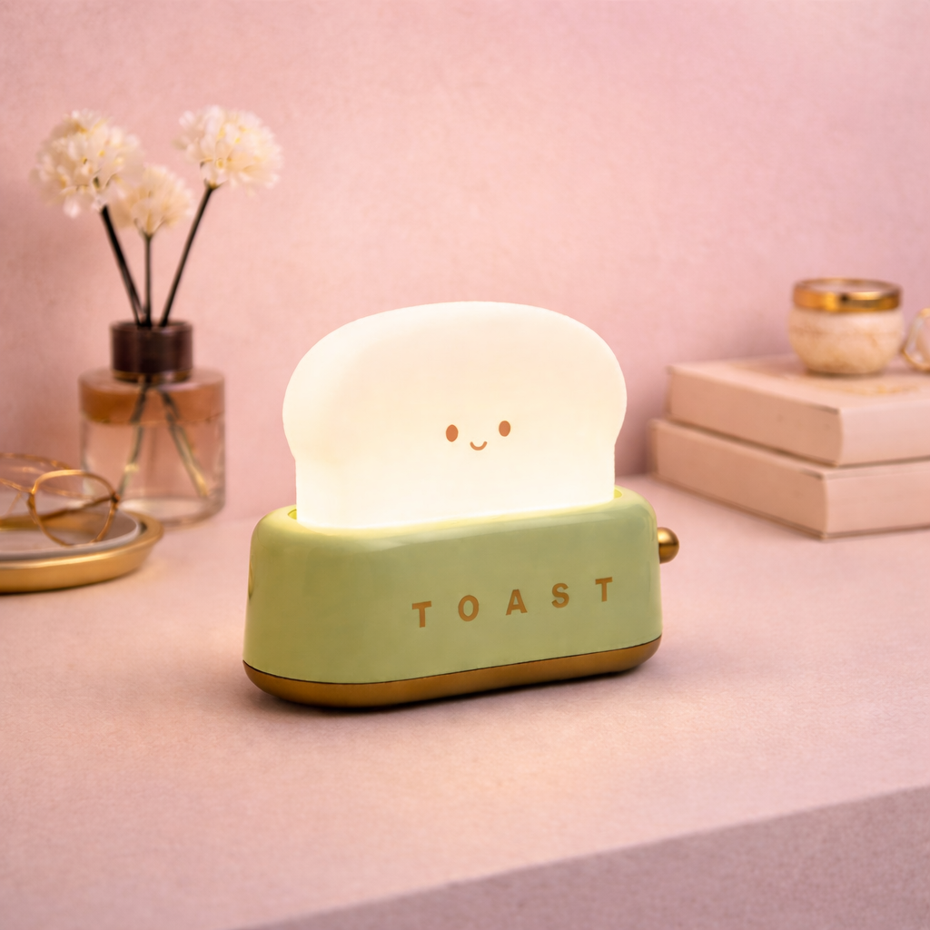 Green toaster-shaped desk lamp with smiling face, cute pastel LED night light for desk or bedside decor.