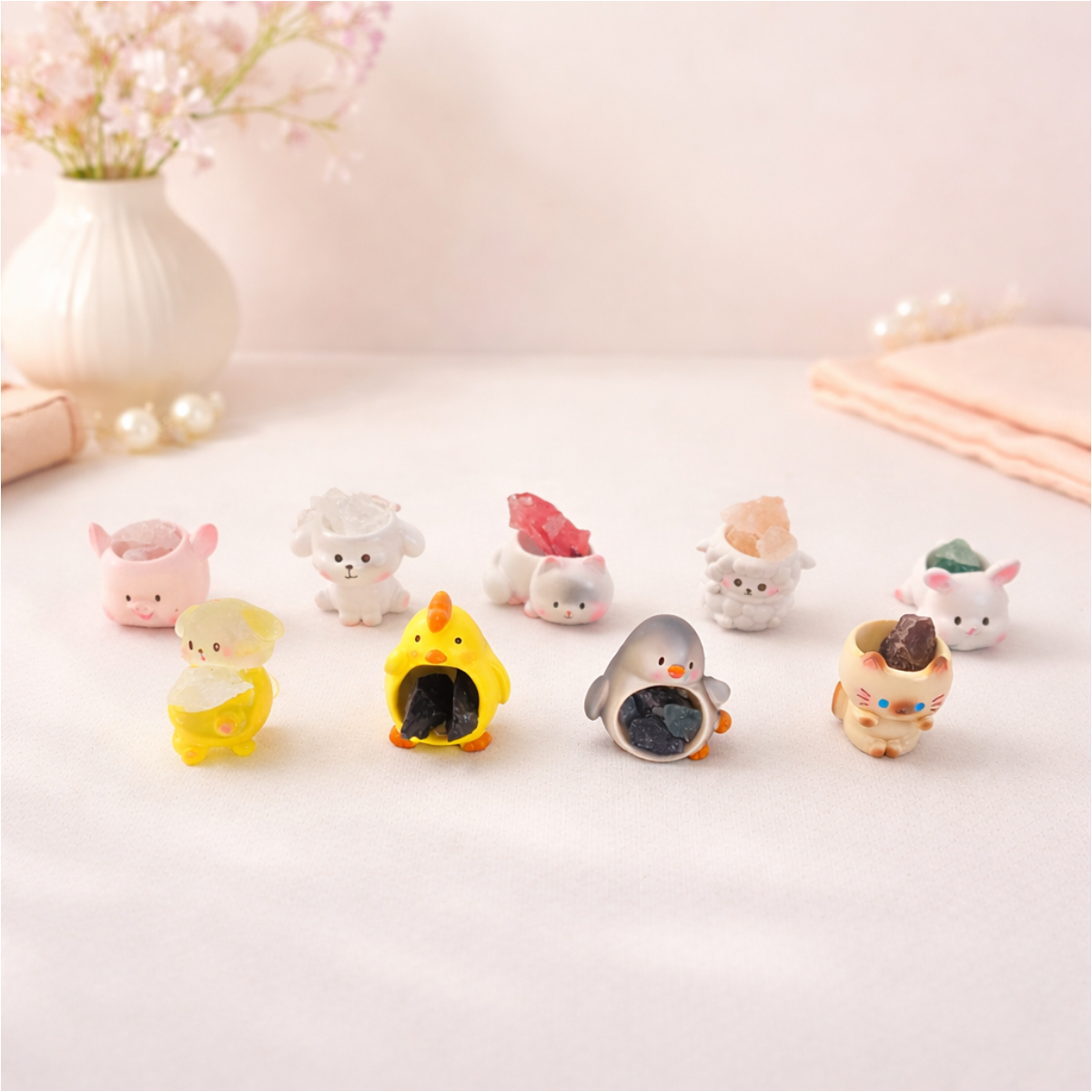 Cute mini animal figurines holding stones, kawaii desk decor collectibles for shelves and gift displays.