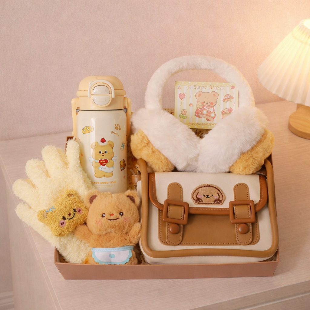 Winter bear gift set with bottle, earmuffs, gloves, bag charm, and mini bag, cute cozy accessories set.