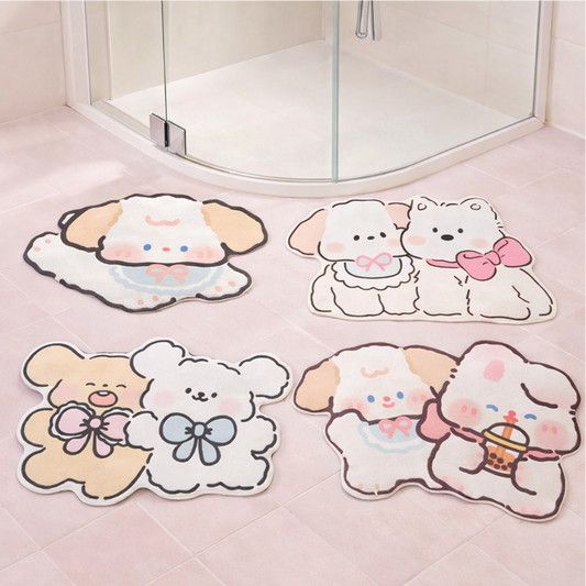 Cute puppy-themed bath mats with soft texture, kawaii dog bathroom rugs for shower, sink, or toilet area.