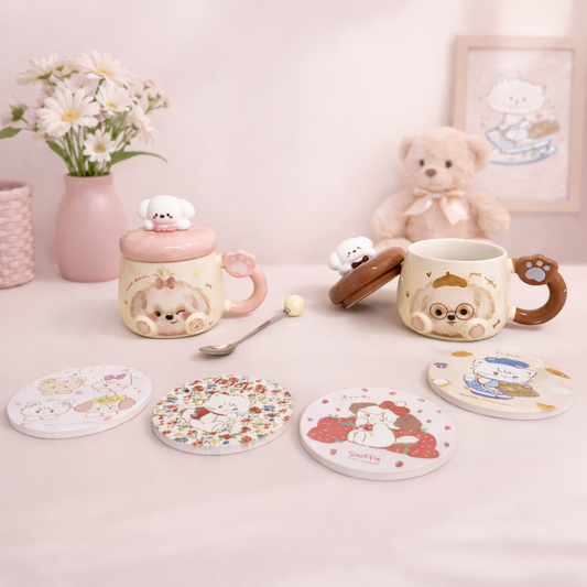 Cute puppy mug and coaster set with matching lid and spoon, kawaii ceramic coffee cup set for desk or kitchen.