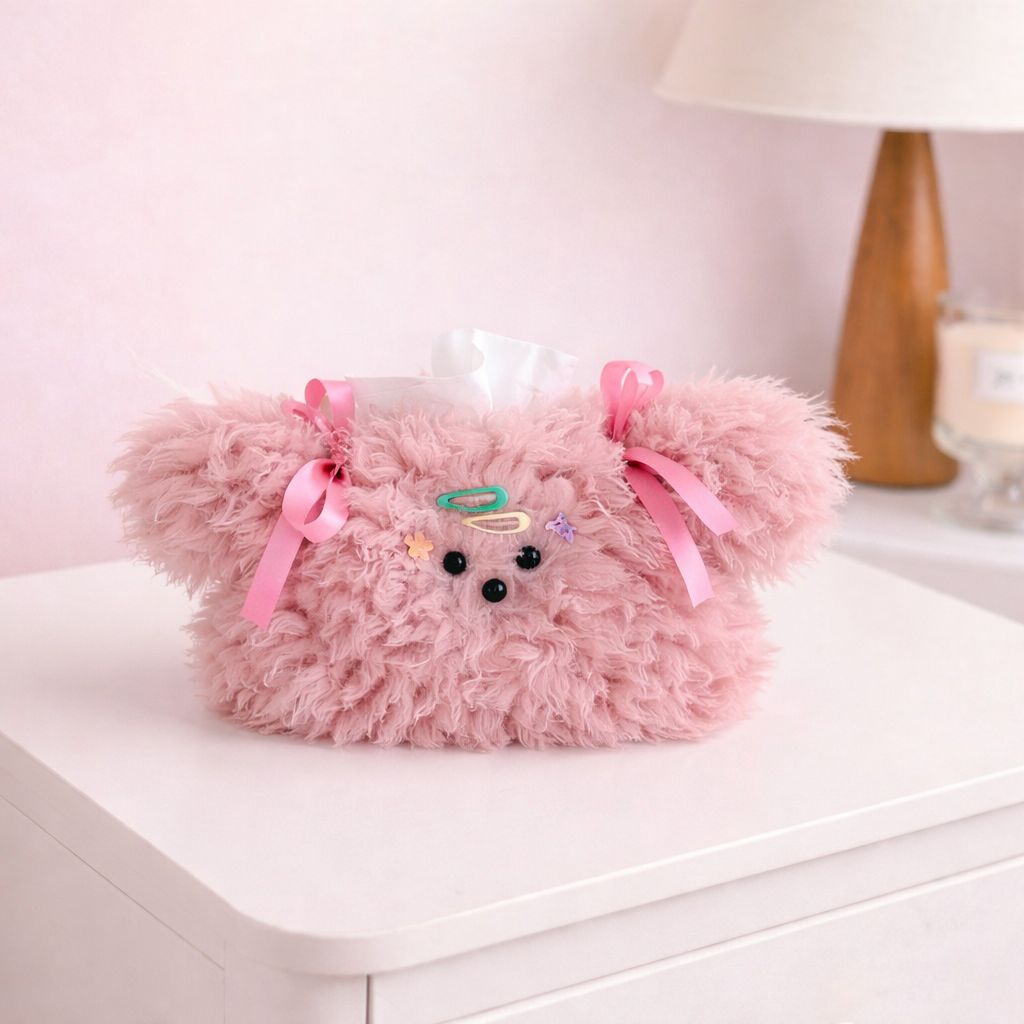 Pink fluffy plush tissue holder with ribbon bows and cute face details, cozy kawaii tissue box cover for desk or bedside.