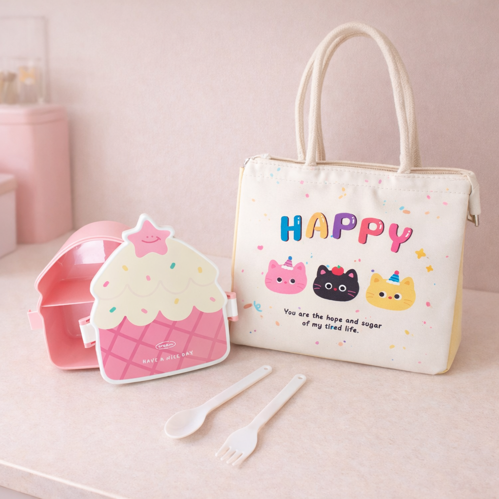 Pastel pink lunch box set with insulated bag, spoon and fork, cute “Happy” cat print
