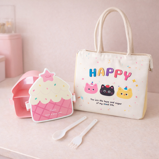 Pastel pink lunch box set with insulated bag, spoon and fork, cute “Happy” cat print