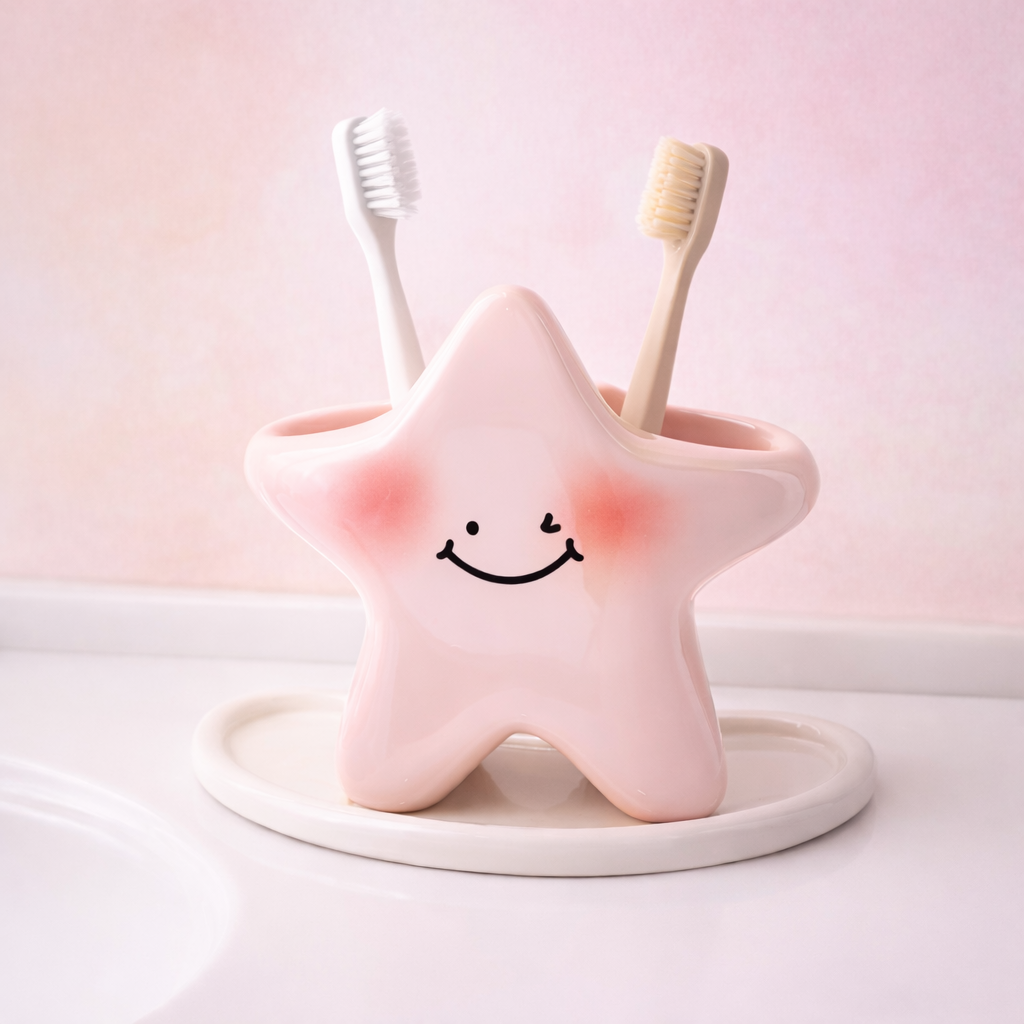 Cute star-shaped toothbrush holder with smiling face, pastel bathroom accessory for kids and kawaii decor.