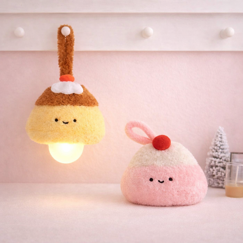 Cute pudding plush hanging lamps with smiling face, soft kawaii night lights for bedroom or nursery decor.