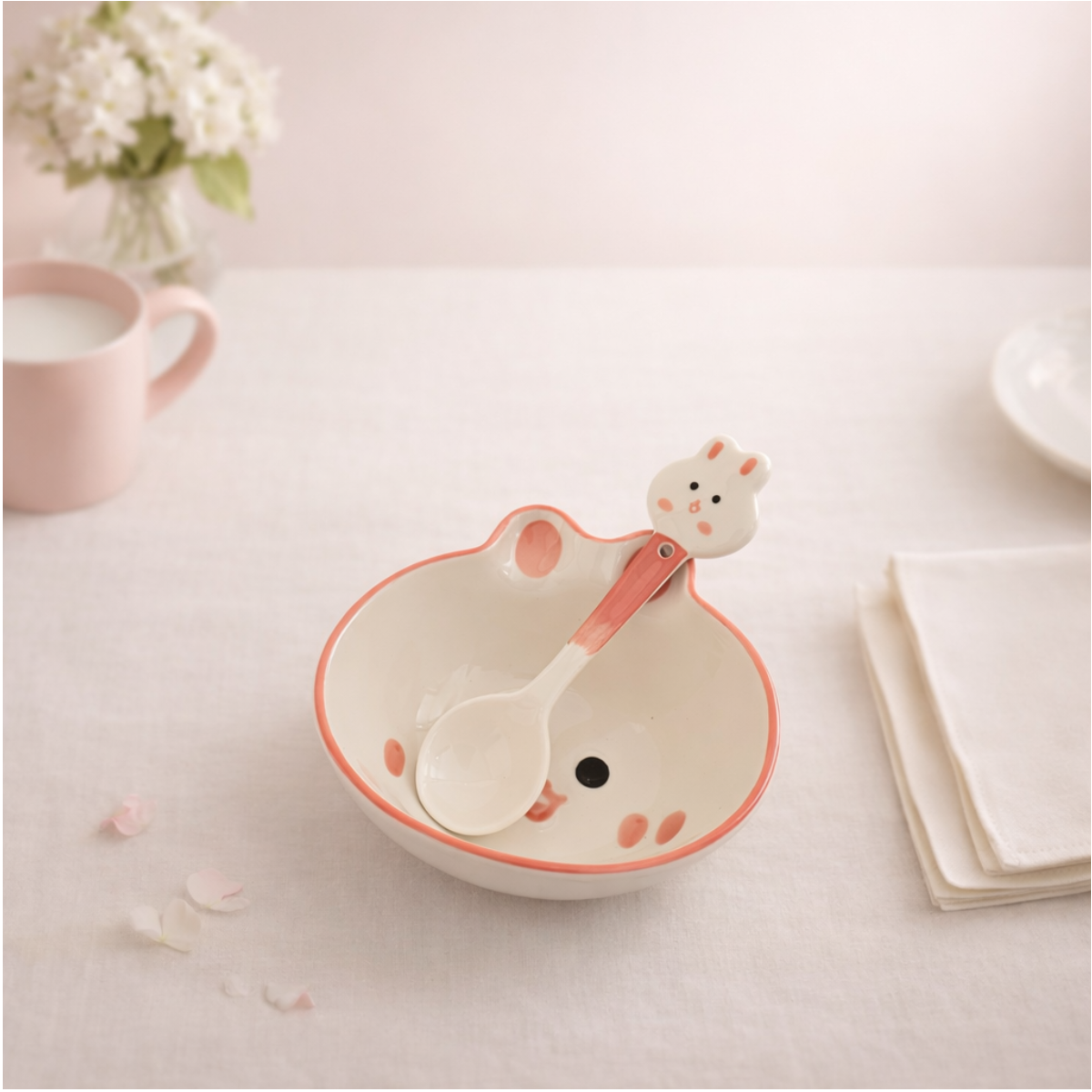 Cute ceramic bowl with rabbit face design and matching spoon, kawaii tableware for snacks and desserts.